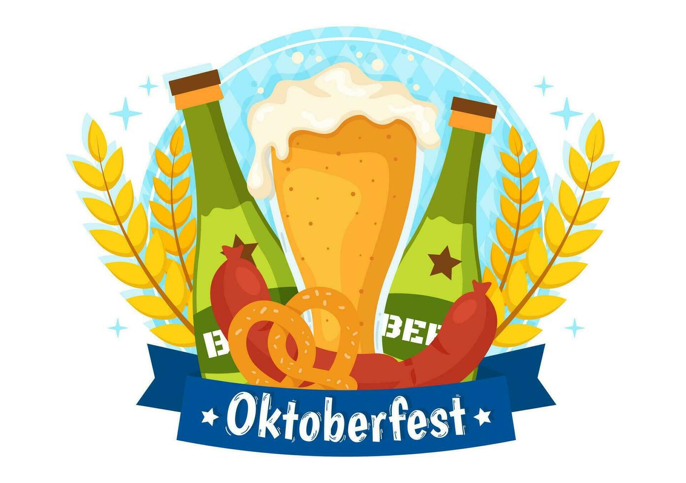 gelukkig oktoberfeest partij festival vector illustratie met bier, worst, ontbijtkoek, Duitse vlag en ets achtergrond vlak tekenfilm hand- getrokken Sjablonen