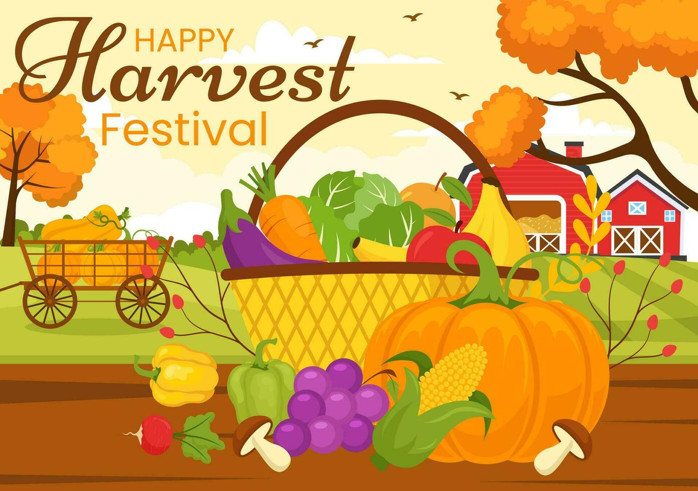 gelukkig oogst festival vector illustratie van herfst seizoen achtergrond met pompoenen, esdoorn- bladeren, fruit of groenten in vlak tekenfilm Sjablonen
