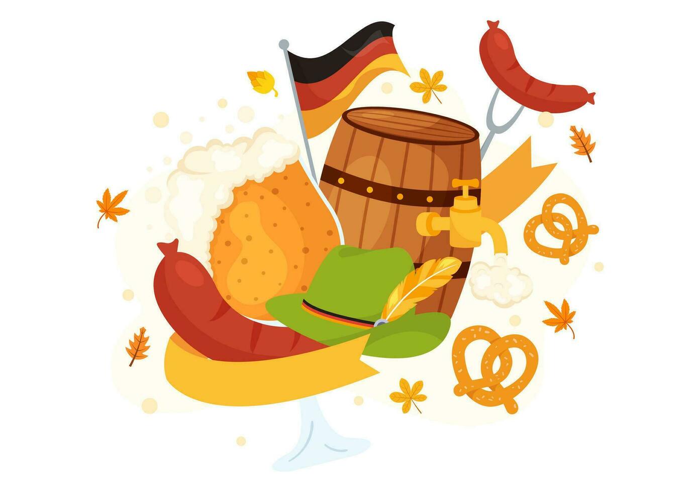 gelukkig oktoberfeest partij festival vector illustratie met bier, worst, ontbijtkoek, Duitse vlag en ets achtergrond vlak tekenfilm hand- getrokken Sjablonen