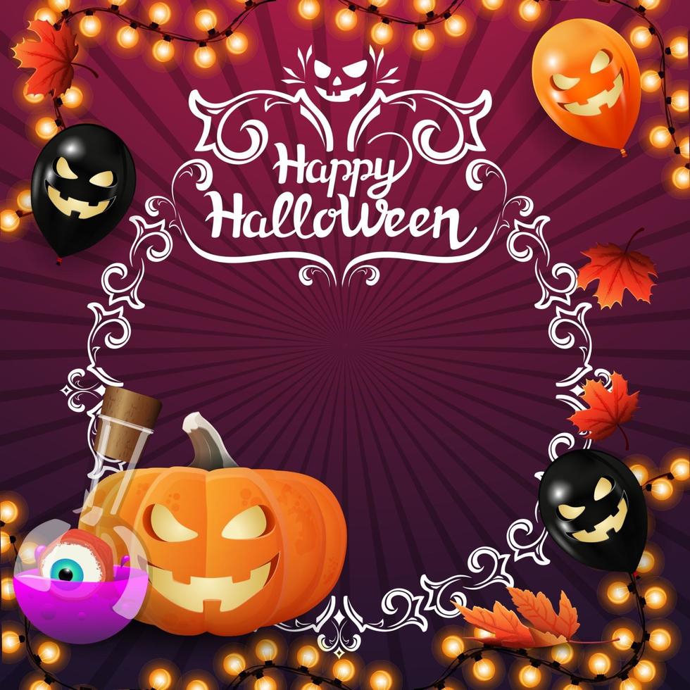 happy halloween, vierkante paarse wenskaart met vignet cirkelframe voor uw tekst, slinger, heksenketel en pompoen jack vector