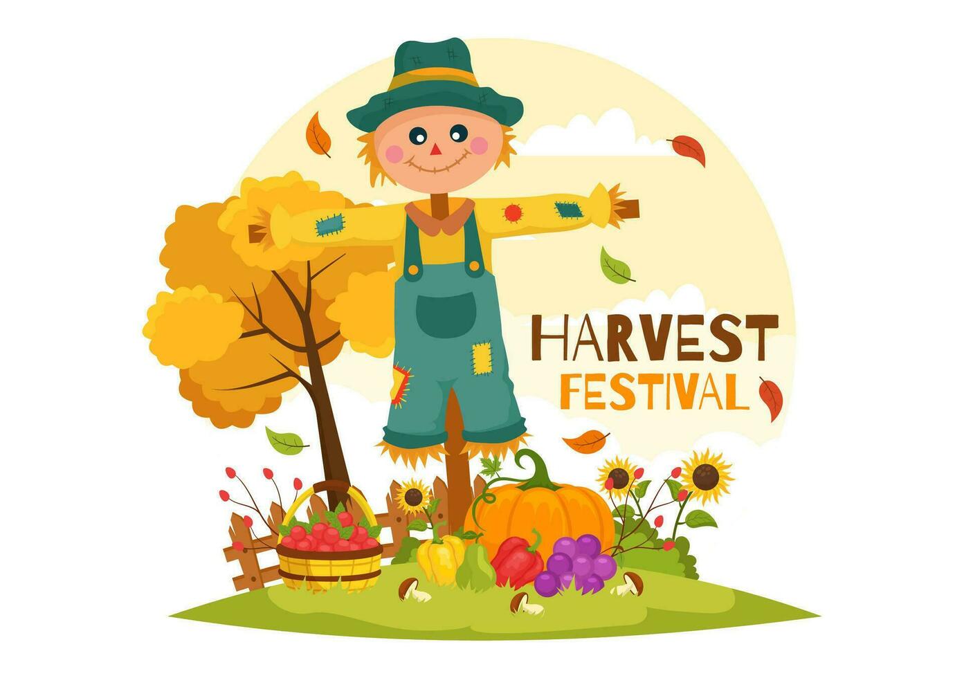 gelukkig oogst festival vector illustratie van herfst seizoen achtergrond met pompoenen, esdoorn- bladeren, fruit of groenten in vlak tekenfilm Sjablonen