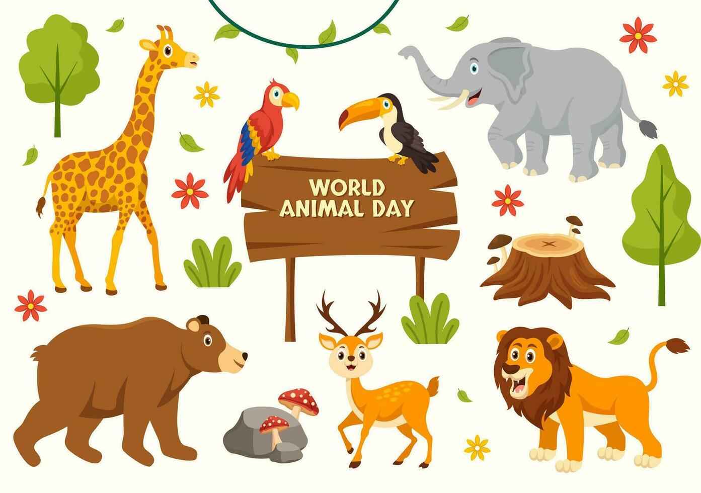 wereld dier dag vector illustratie met divers dieren of dieren in het wild voor leefgebied bescherming en Woud in vlak tekenfilm achtergrond Sjablonen