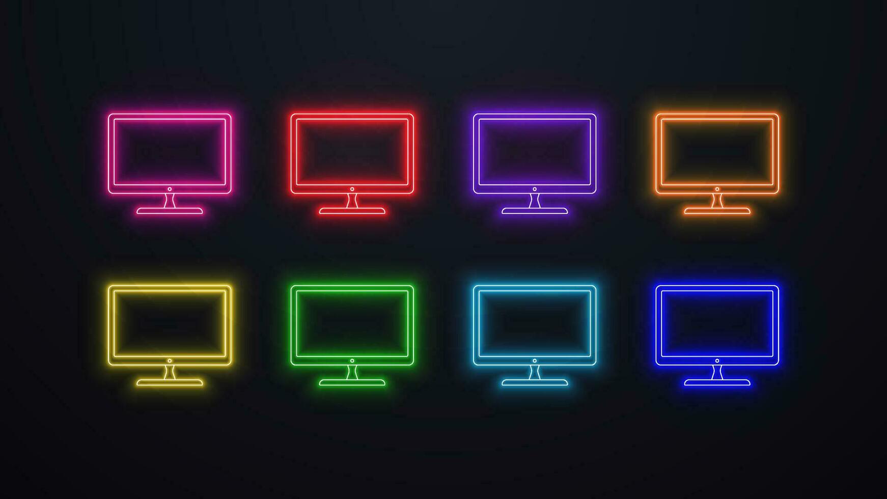 een reeks van neon computer toezicht houden op pictogrammen in verschillend kleuren blauw, groente, rood, oranje, geel, Purper en roze Aan een zwart achtergrond. vector