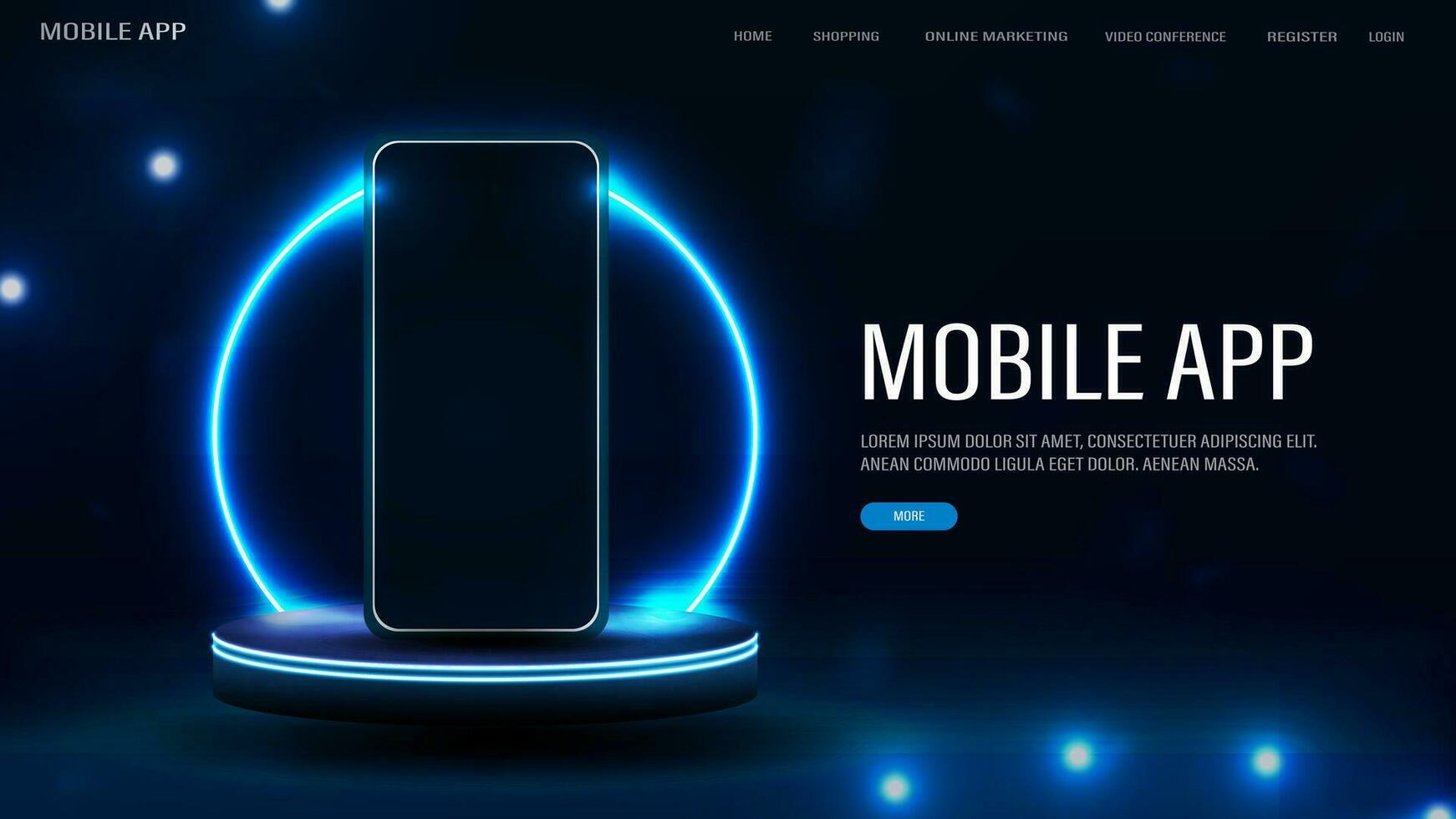 een web banier met een smartphone Aan een podium met een neon ronde boog. poster voor een website met een mobiel sollicitatie. vector
