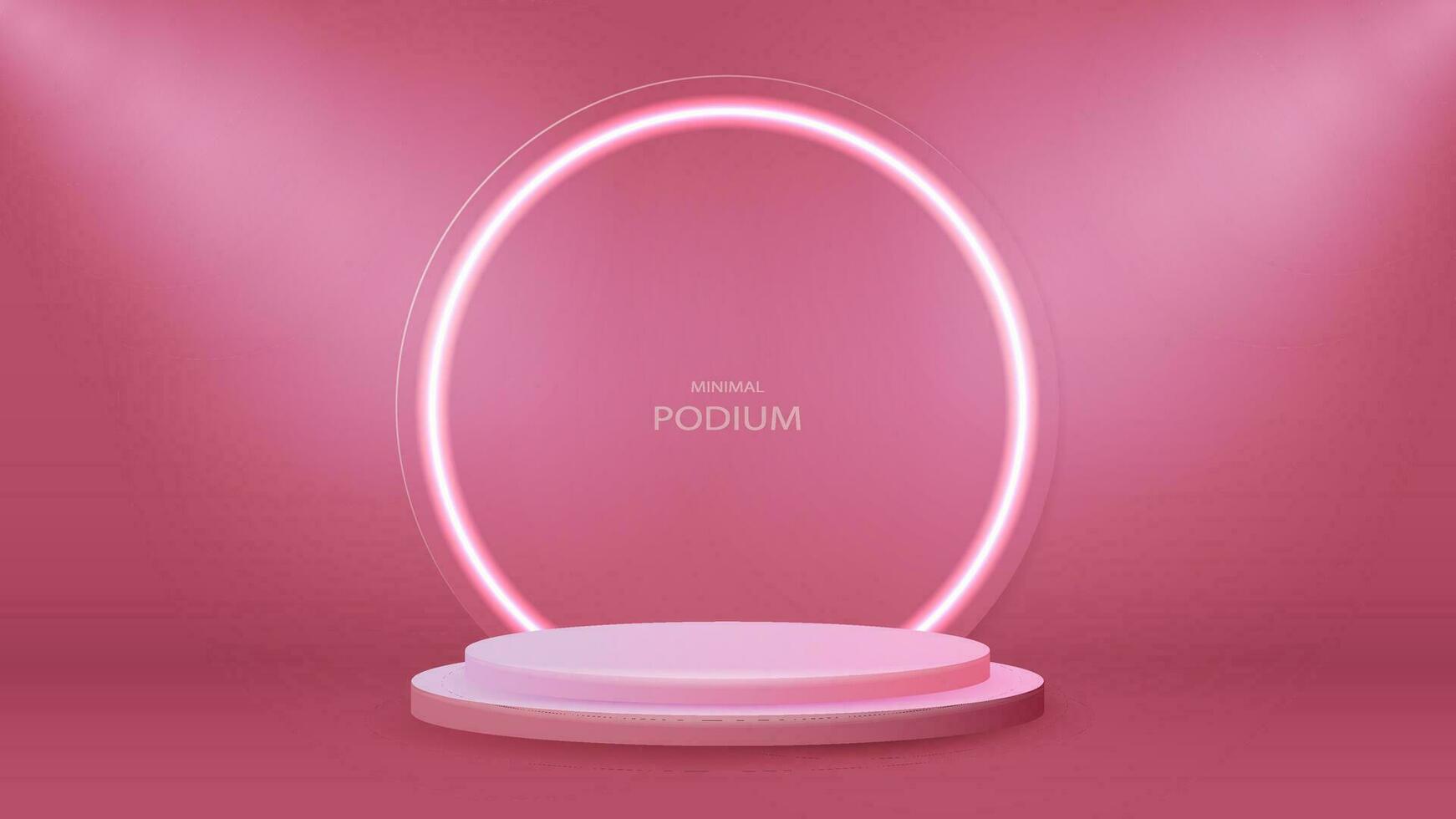 een leeg podium met een helder glimmend neon glas glanzend boog Aan een roze achtergrond. een tweedimensionaal platform in de kamer. vector