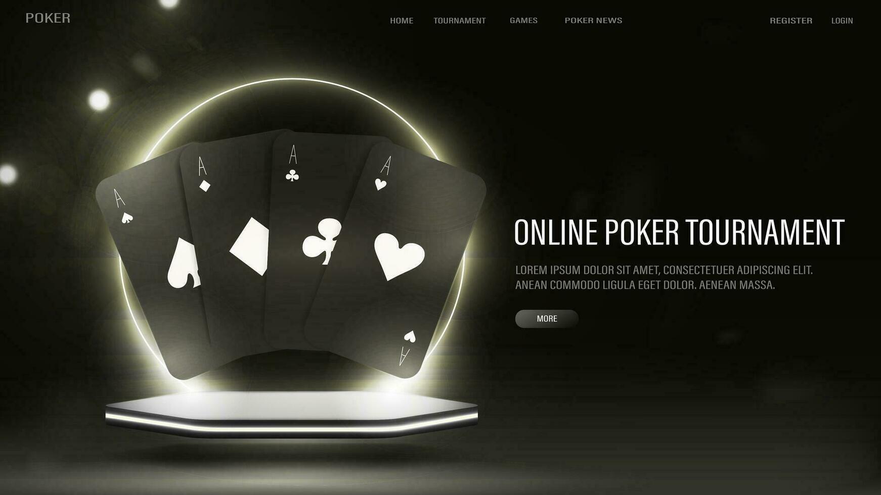 een web banier met poker kaarten in zwart en wit stijl Aan een podium met een helder neon boog. de concept voor een casino website. vector