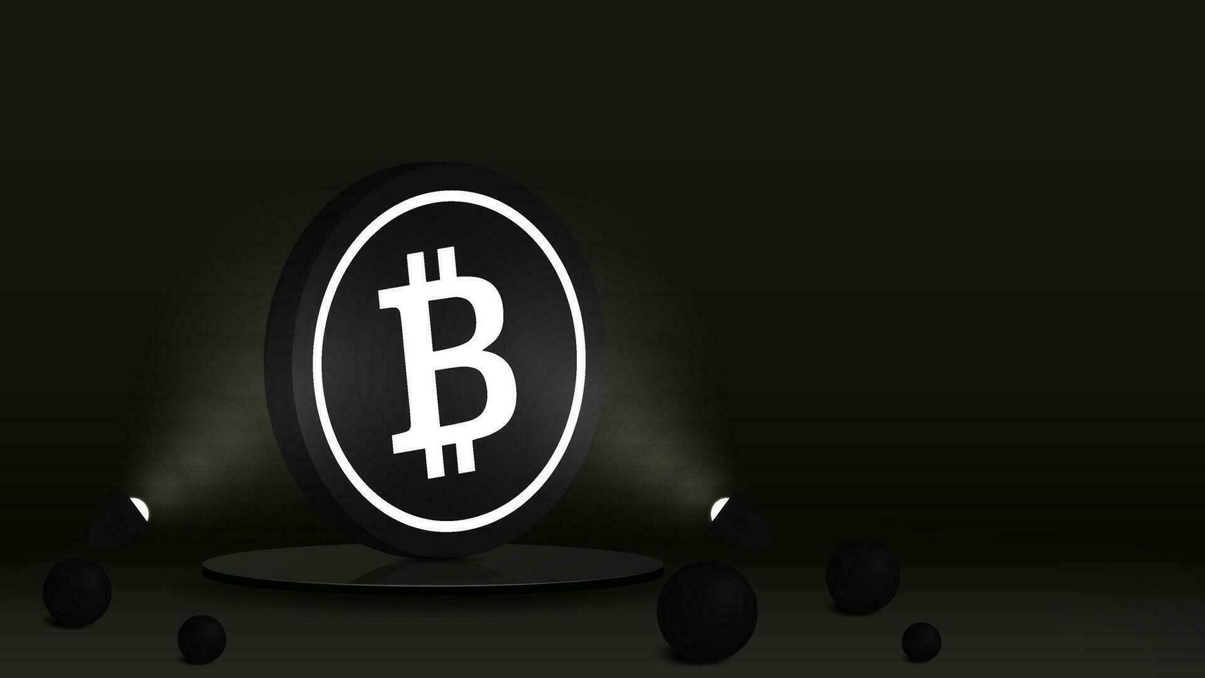 banier naar een website met een zwart bitcoin munt Aan een glanzend podium verlichte door schijnwerpers. de concept in de het formulier van een poster voor cryptocurrencies en blockchain technologieën. vector