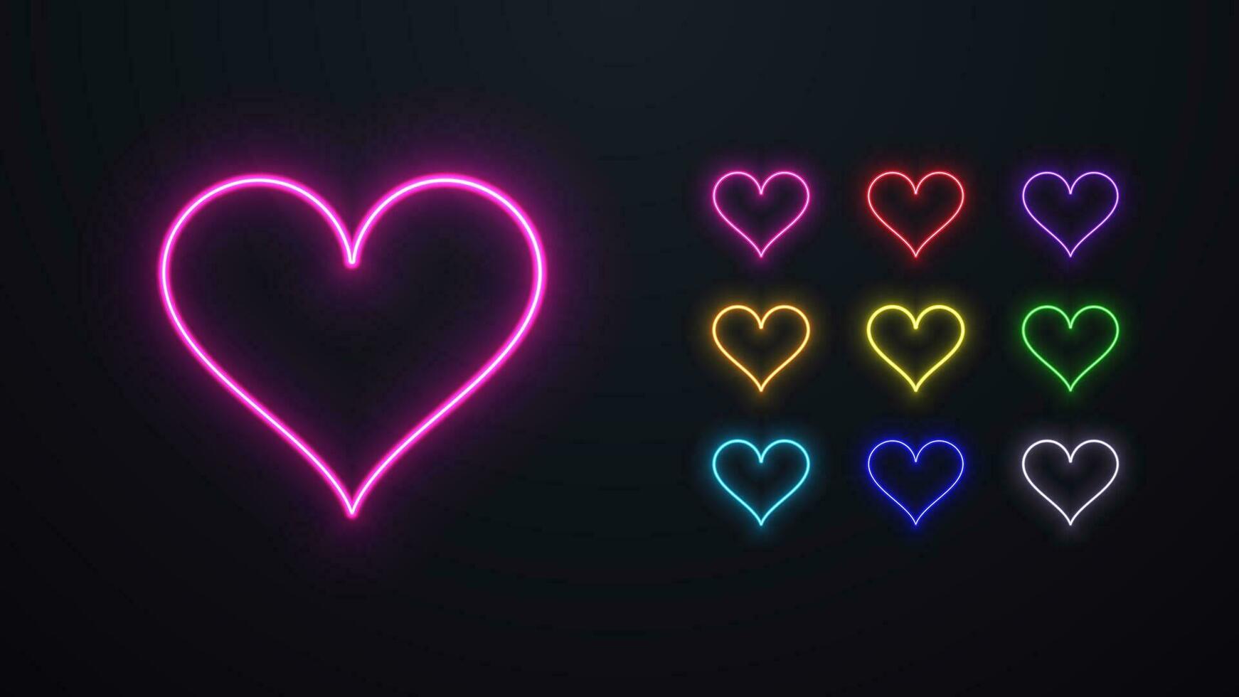 een reeks van neon hart in verschillend kleuren. vector