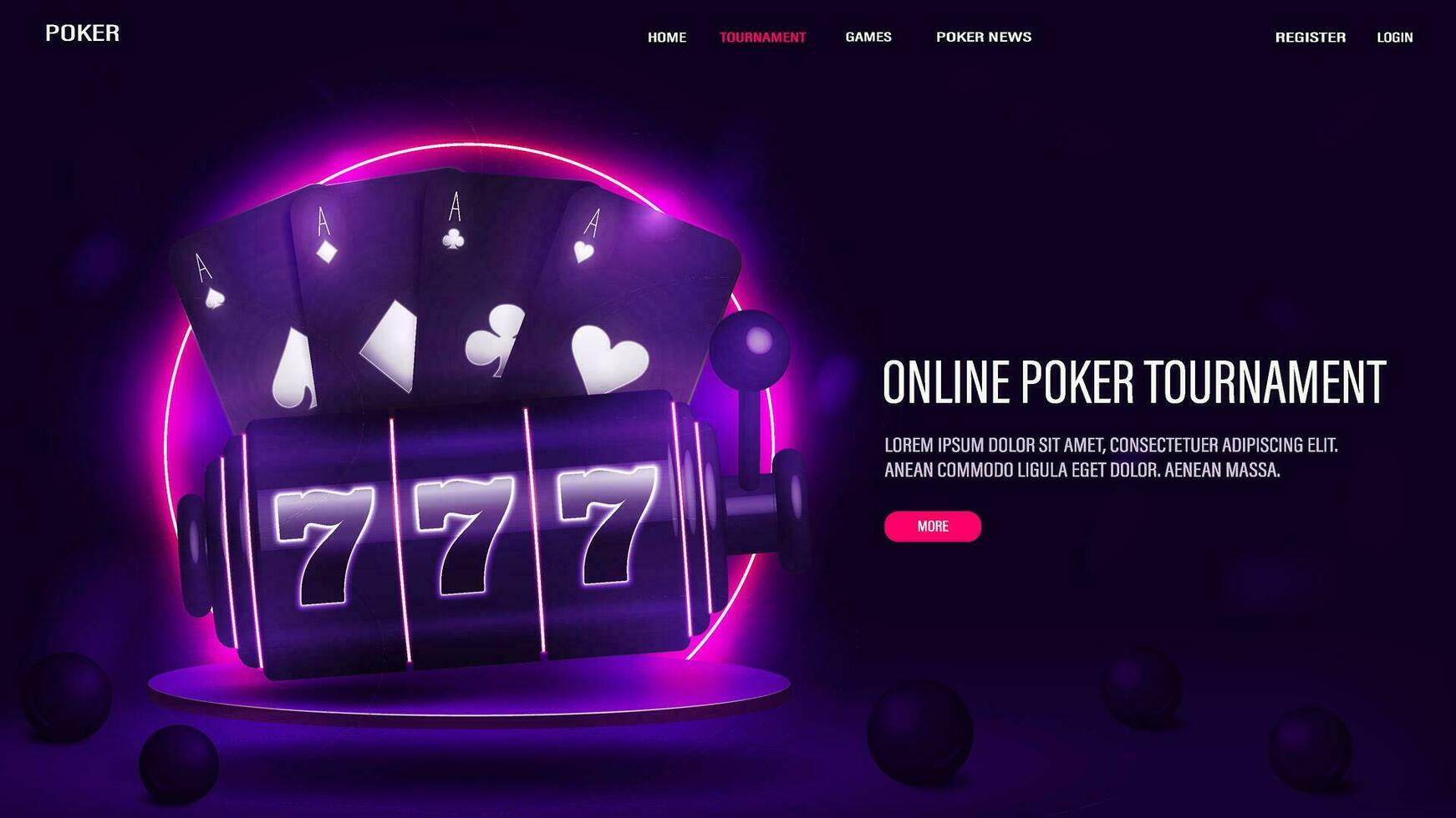 een web banier met kaarten en een casino sleuf machine Aan een helder podium met een neon kader. een concept voor spelen poker met tekst voor een website. vector