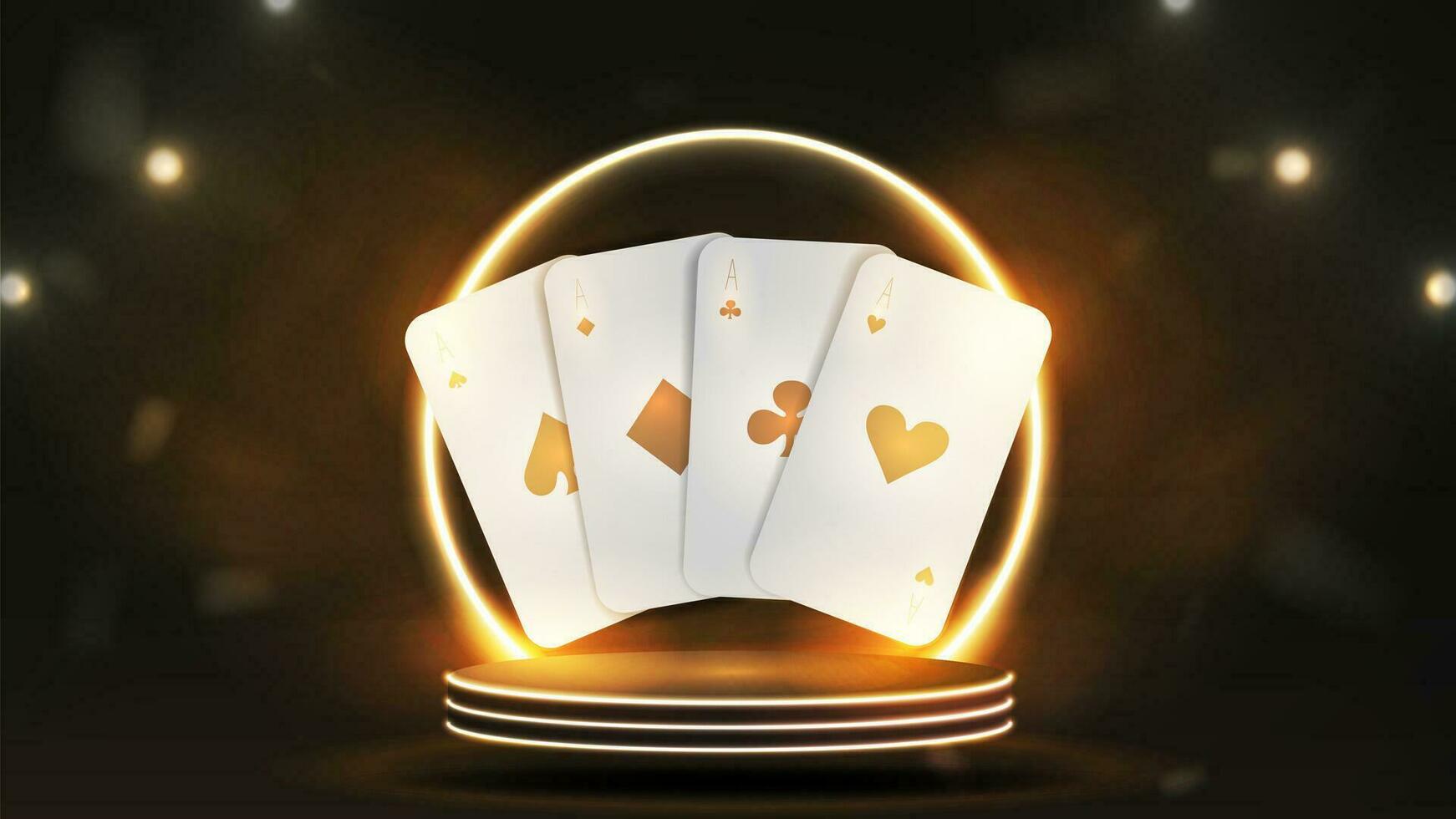 wit en goud poker kaarten Aan de podium met een helder neon boog. een samenstelling Aan de casino thema. vector