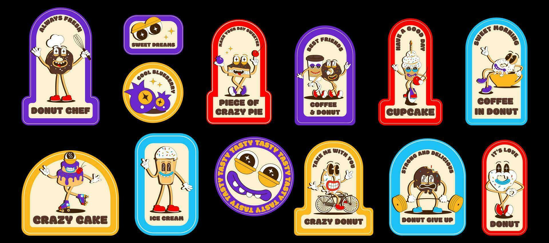 snoepgoed stickers set. grappig zoet voedsel karakters. mascotte stickers met grappig gezichten. vector illustratie in tekenfilm psychedelisch retro stijl.