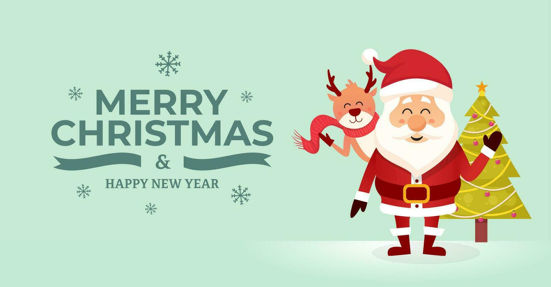 de kerstman en rendier banier met vrolijk Kerstmis en gelukkig nieuw jaar groeten vector