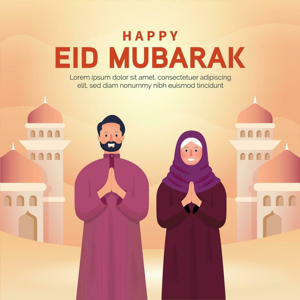 gelukkig eid mubarak. moslim paar zegen eid mubarak met moskee achtergrond vector