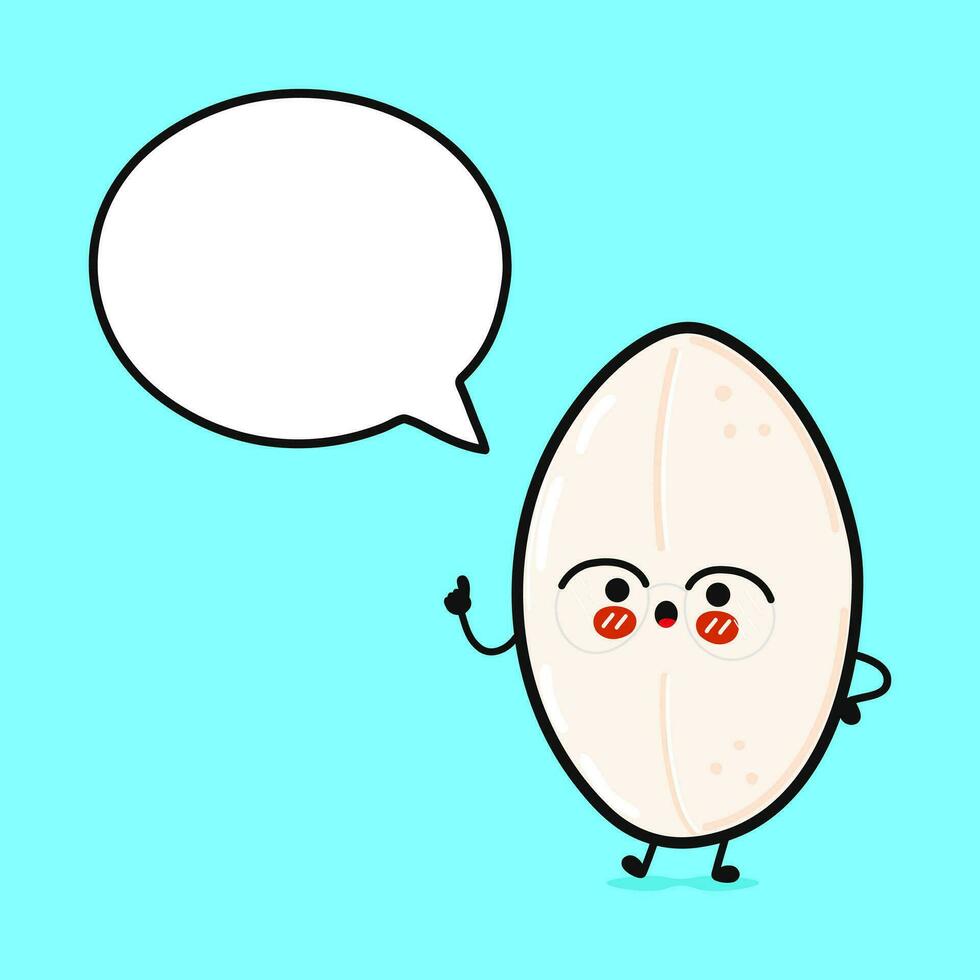 schattig grappig rijst- met toespraak bubbel. vector hand- getrokken tekenfilm kawaii karakter illustratie icoon. geïsoleerd Aan blauw achtergrond. rijst- karakter concept