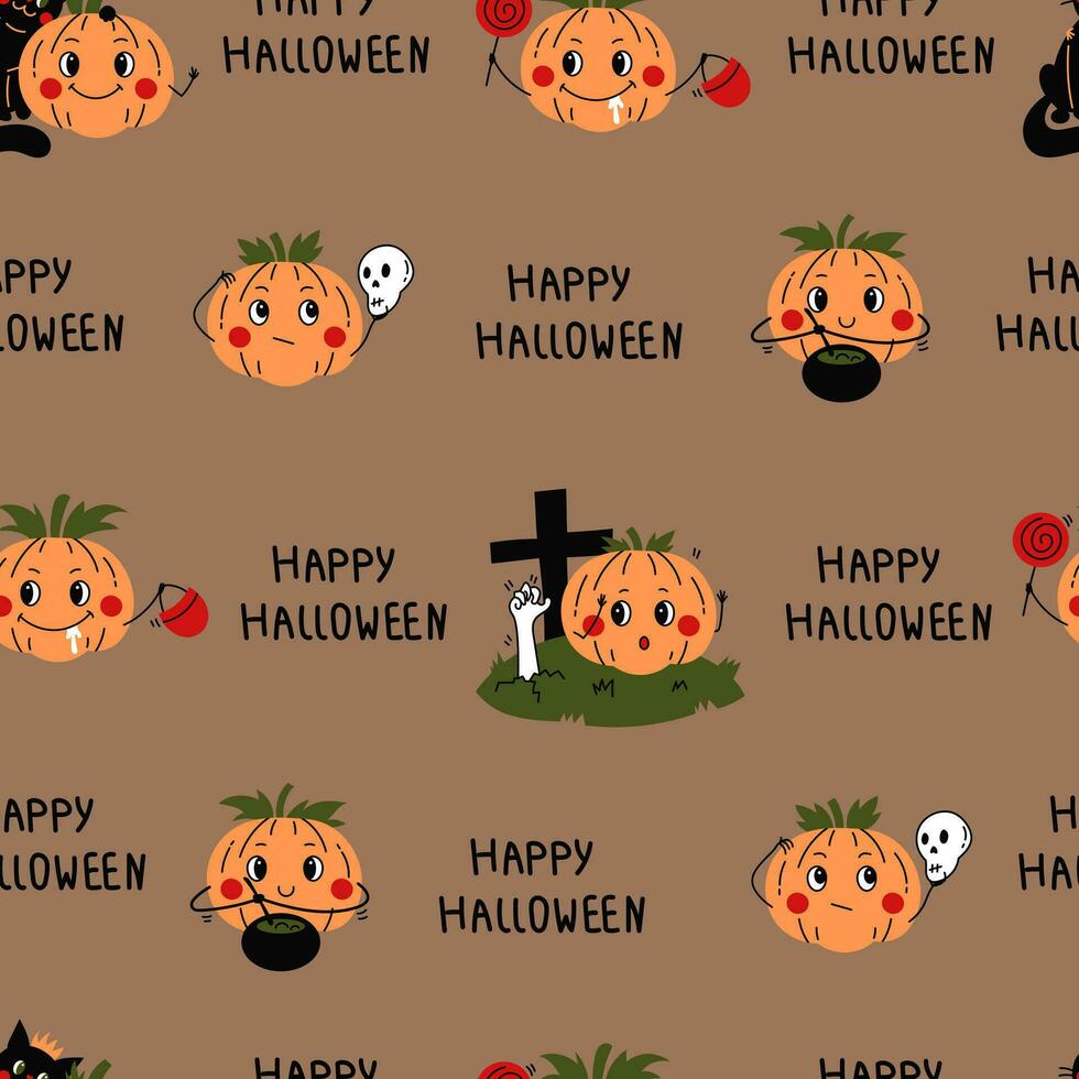 gelukkig halloween naadloos patroon met pompoen karakter en opschrift vector