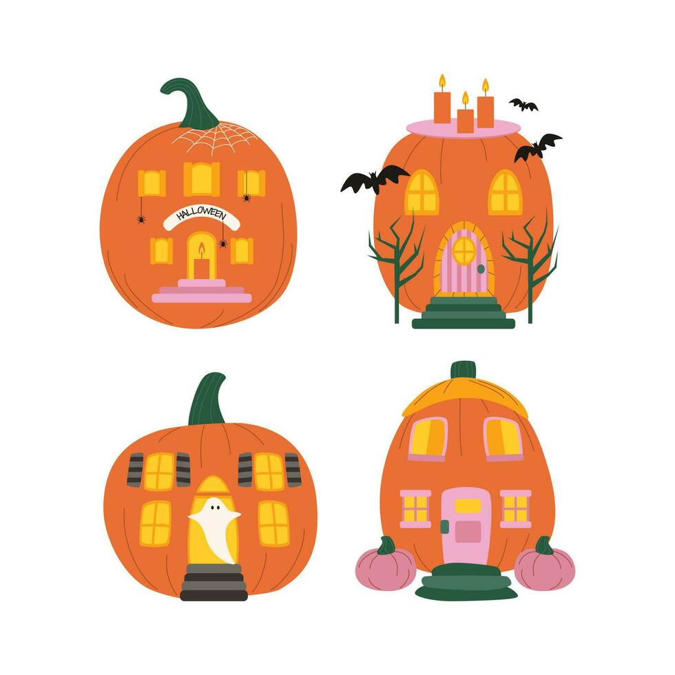 reeks van halloween pompoenen, herfst vakantie. pompoen huis met besnoeiing uit ramen. vector