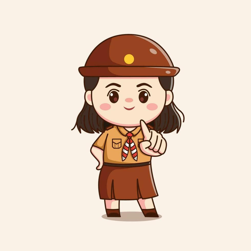 Indonesisch verkenner meisje met richten vinger schattig kawaii chibi karakter illustratie vector