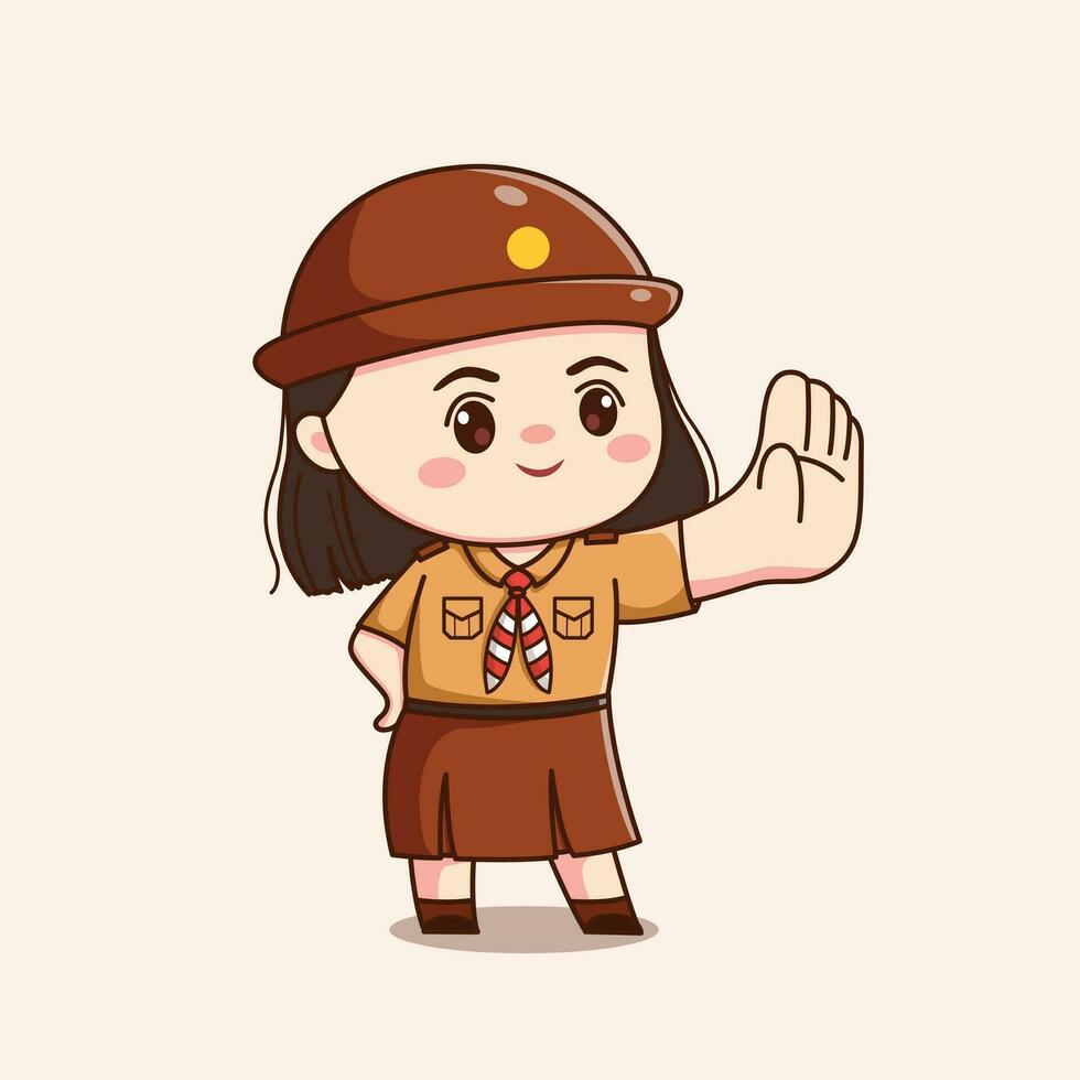 Indonesisch verkenner meisje met hou op teken schattig kawaii chibi karakter illustratie vector