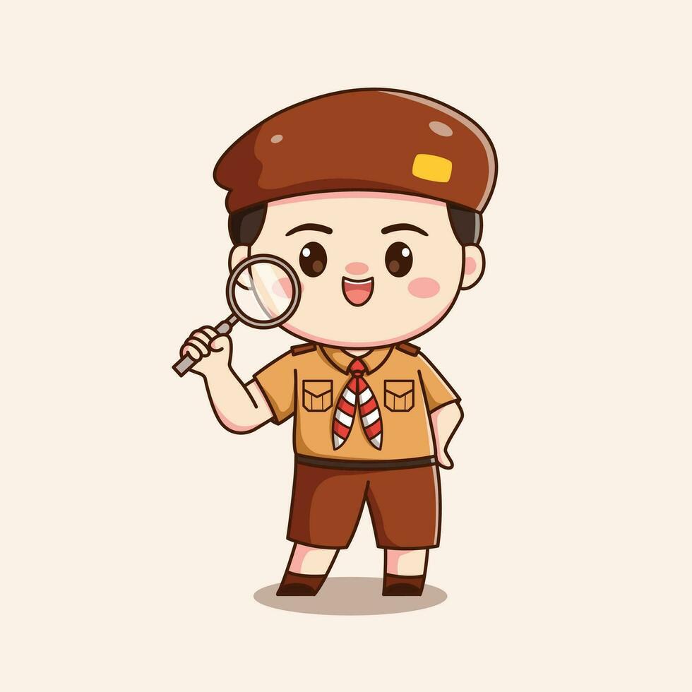 Indonesisch verkenner jongen met vergroten glas schattig kawaii chibi karakter illustratie vector