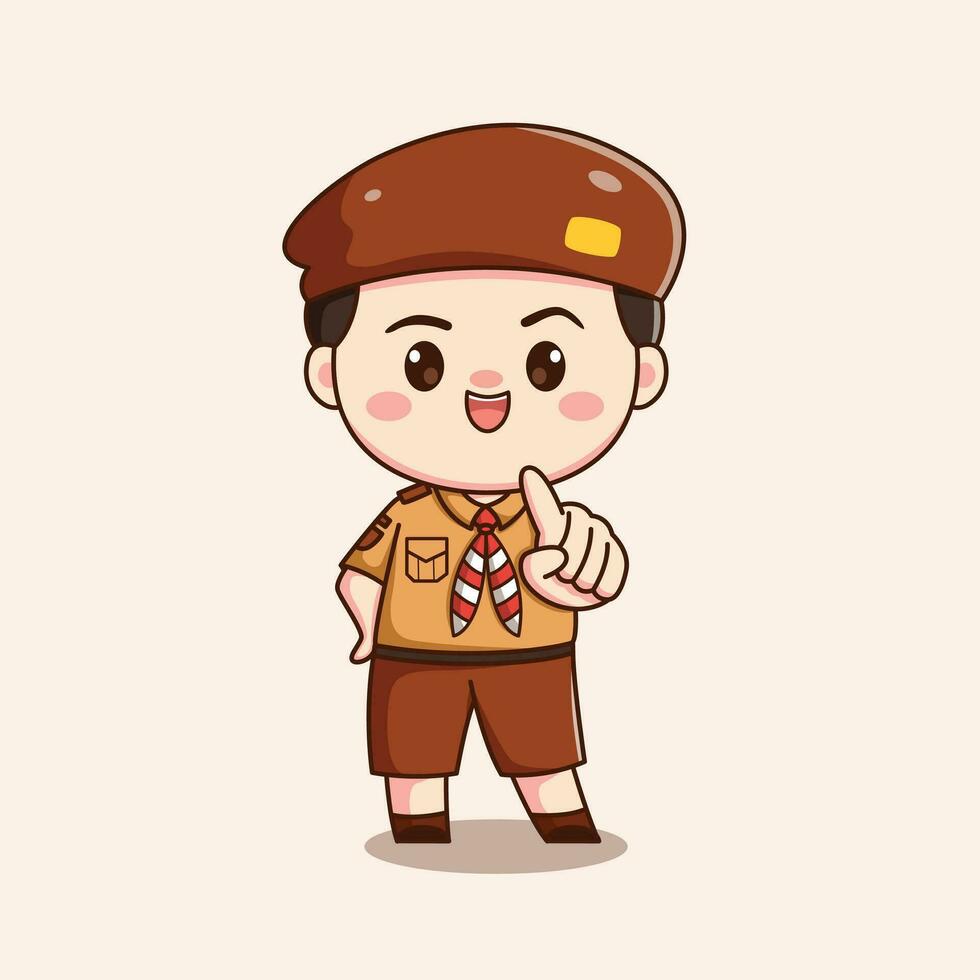 Indonesisch verkenner jongen met richten vinger schattig kawaii chibi karakter illustratie vector