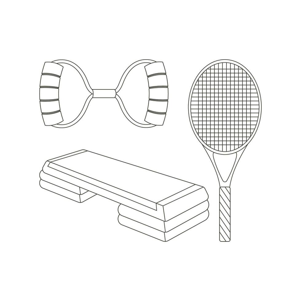 stap platform, expander, racket voor groot tennis. sport apparatuur. geschiktheid voorraad. lijn kunst. vector