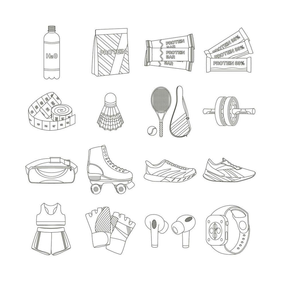 eiwit, sportschoenen, sportkleding, koptelefoon, geschiktheid horloge. sport apparatuur. geschiktheid voorraad. lijn kunst. vector