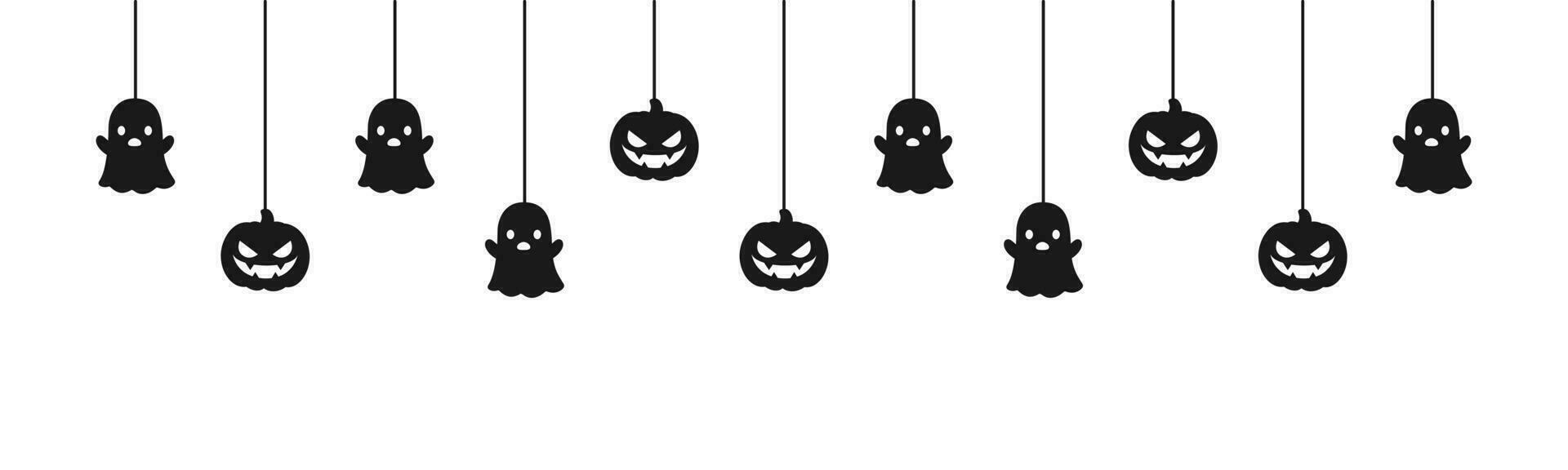 gelukkig halloween banier of grens met zwart geest en jack O lantaarn pompoenen. hangende spookachtig ornamenten decoratie vector illustratie, truc of traktatie partij uitnodiging