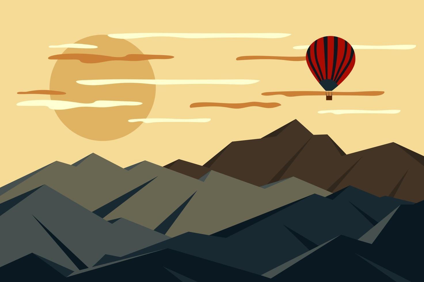 hete luchtballon die over de achtergrond van het bergketenlandschap in vlakke stijl vliegt vector