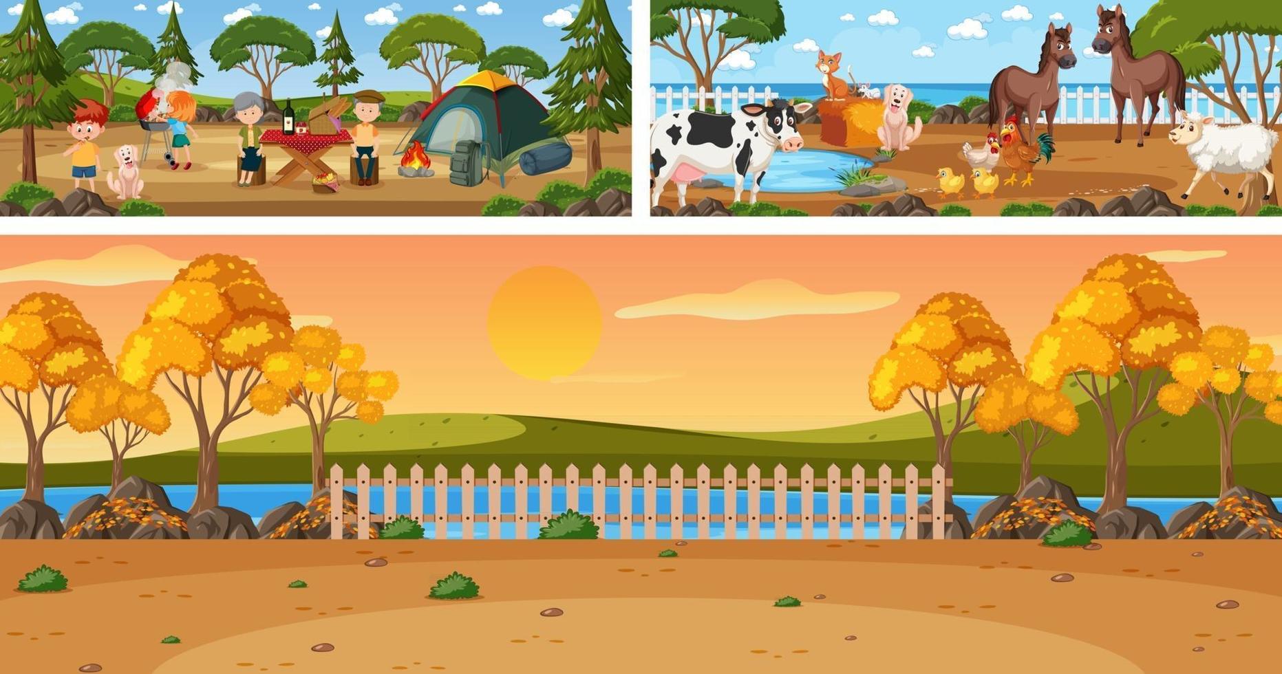 set van buiten panoramisch landschap met stripfiguur vector