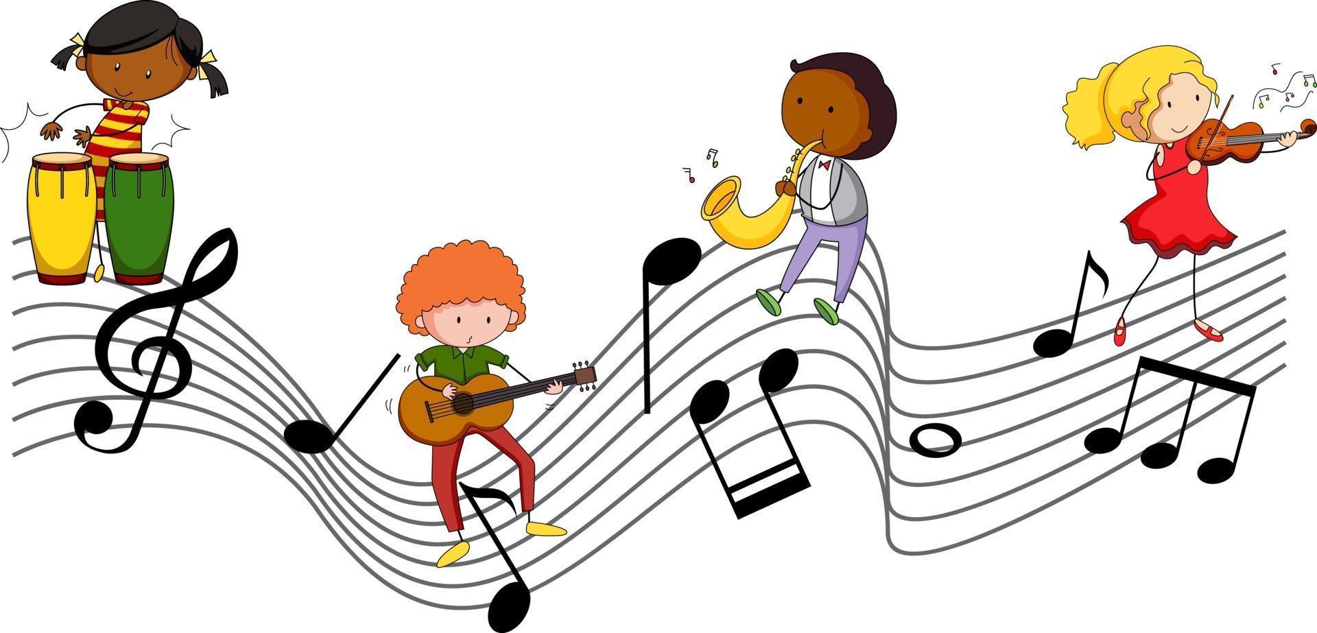 muzikale melodiesymbolen met veel stripfiguren voor doodle kinderen vector
