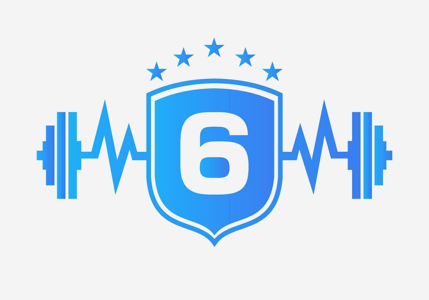 brief 6 Sportschool geschiktheid logo ontwerp concept met barbell schild en begin icoon. lichaamsbouw Sportschool symbool vector