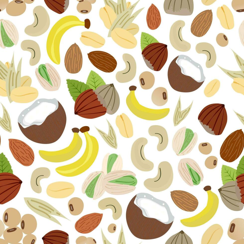 naadloos patroon van fruit en noten Aan wit achtergrond. geïllustreerd kokosnoot, cachou, hazelnoot, haver, pistache, soja, amandel, banaan. veganistisch patroon. vector illustratie.