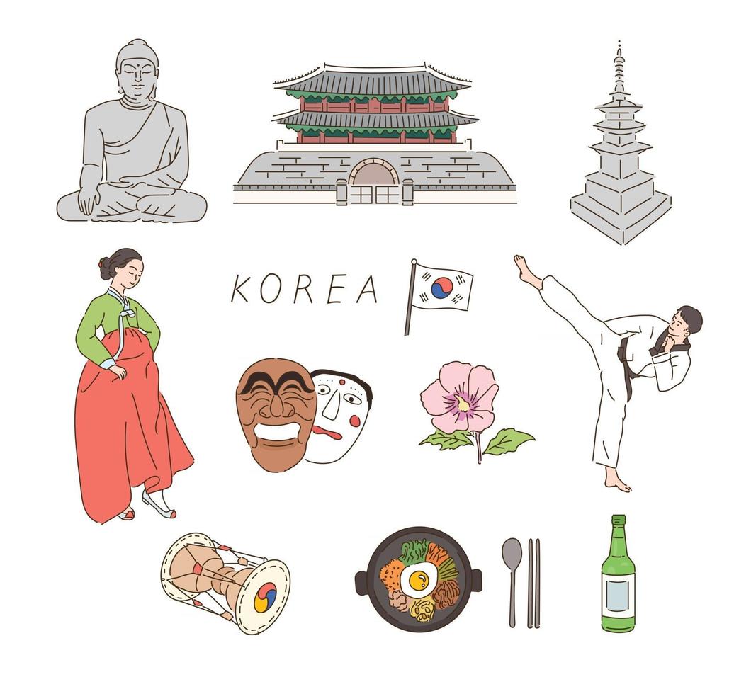 Koreaanse bezienswaardigheden en traditionele iconen. handgetekende stijl vectorontwerpillustraties. vector