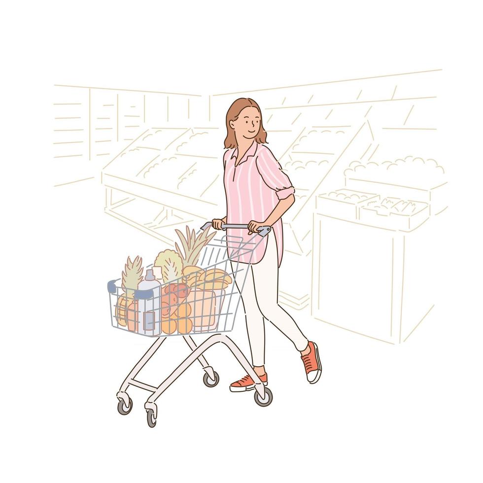 een vrouw is aan het winkelen in een supermarkt die een winkelwagentje duwt. handgetekende stijl vectorontwerpillustraties. vector