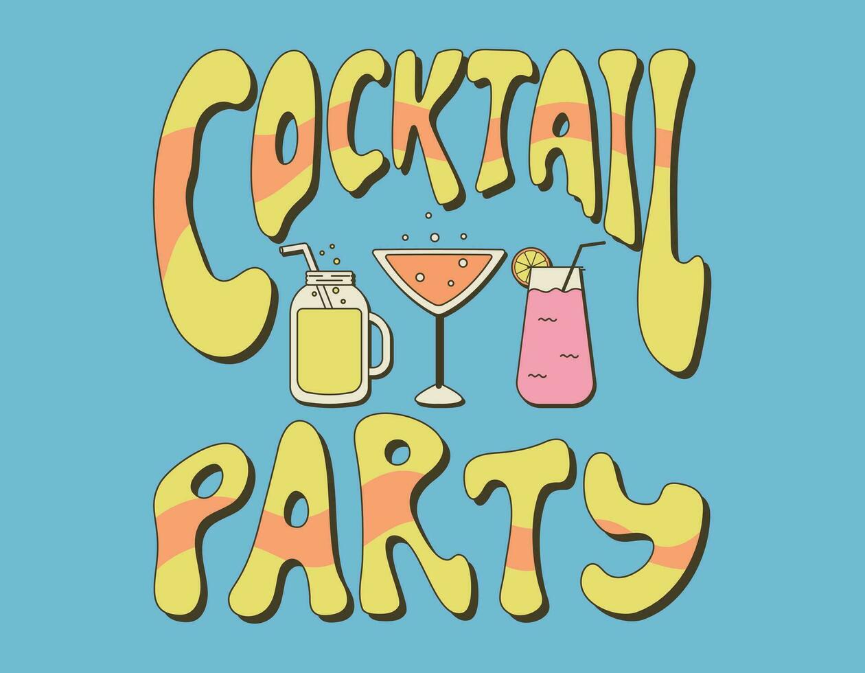 groef belettering cocktail feest. retro stickers van bril met limonade of Frisdrank. psychedelisch grappig oud tekenfilm stijl vector spandoek.