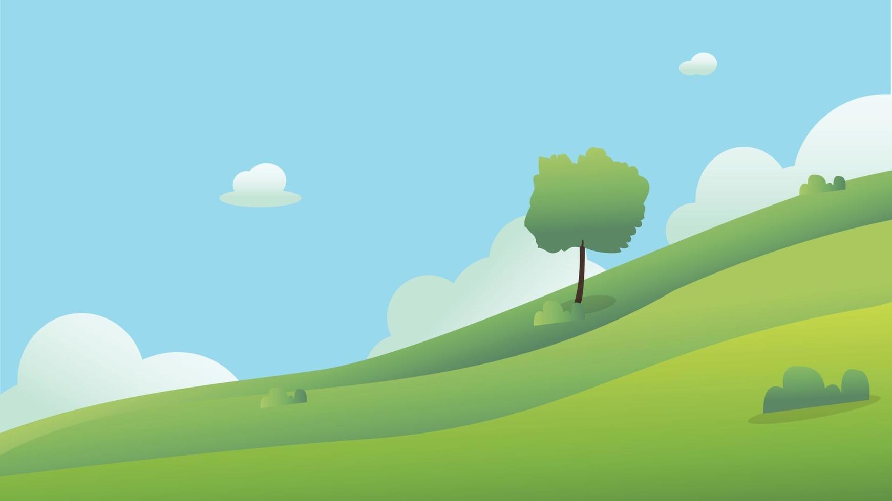 prachtige velden landschap met een dageraad, groene heuvels, felle kleur blauwe lucht, background.meadow landschap vector illustration.green veld met wolken en blauwe lucht