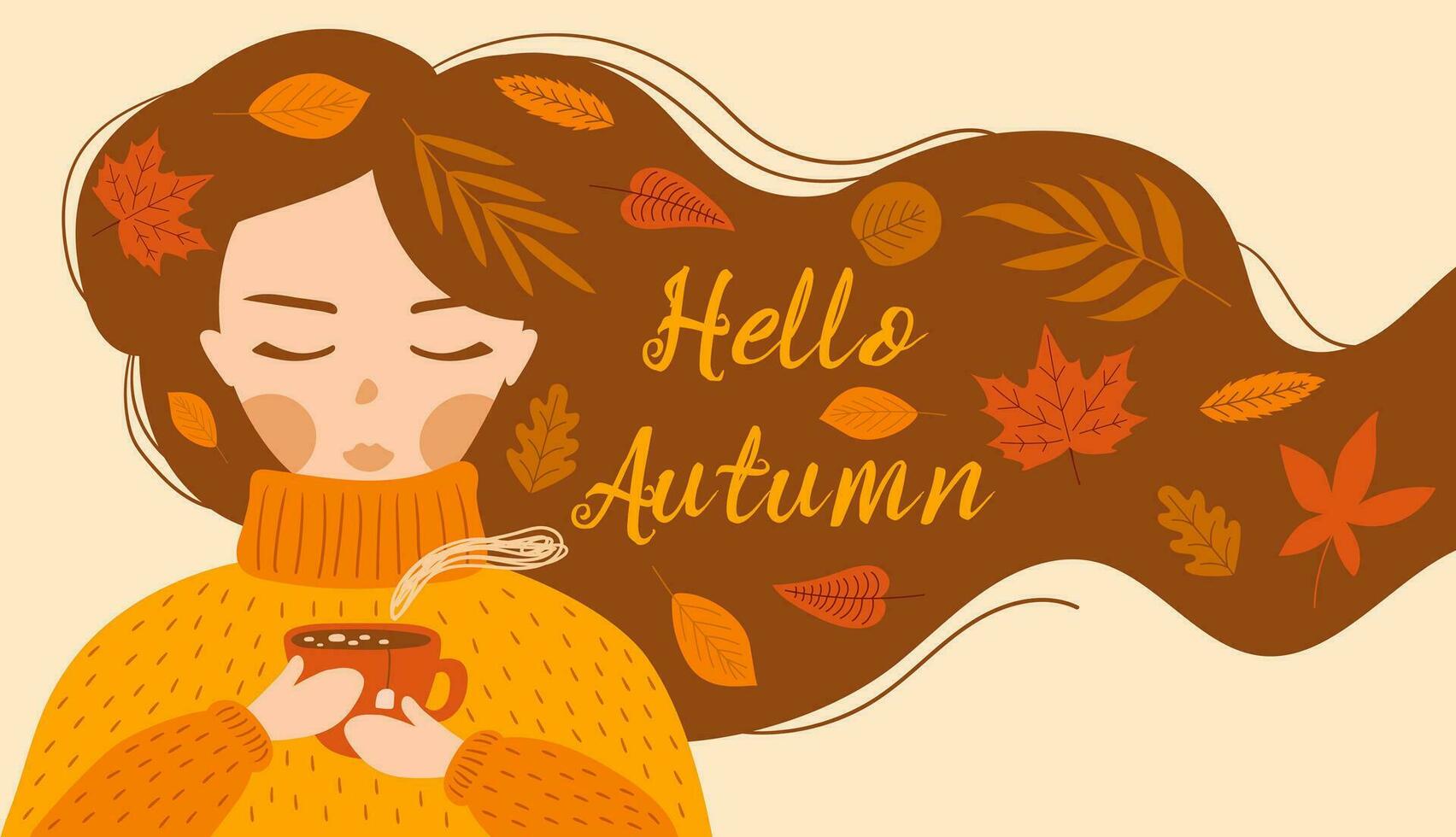 schattig meisje in een geel trui drankjes een kop van thee of koffie met herfst bladeren. Hallo herfst. vector illustraties