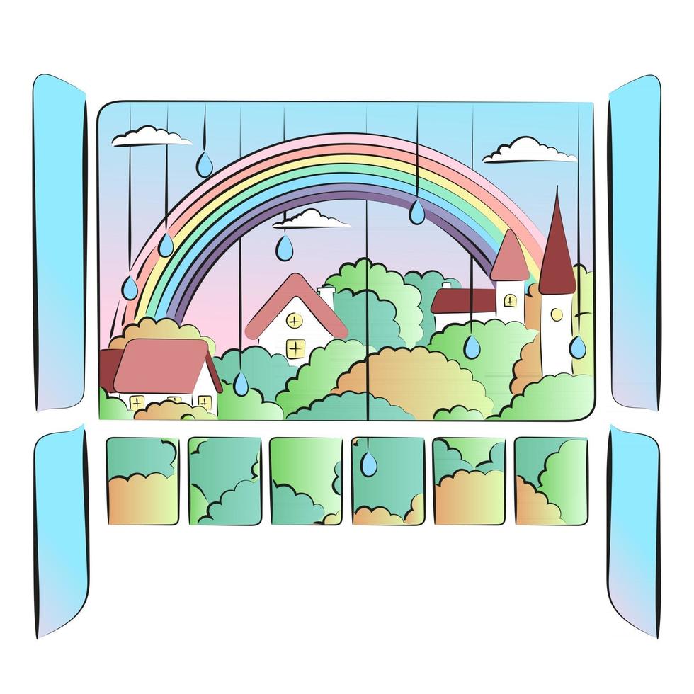 retro komische stijl illustratie met skyline van de stad, park, regenboog en regendruppels vector