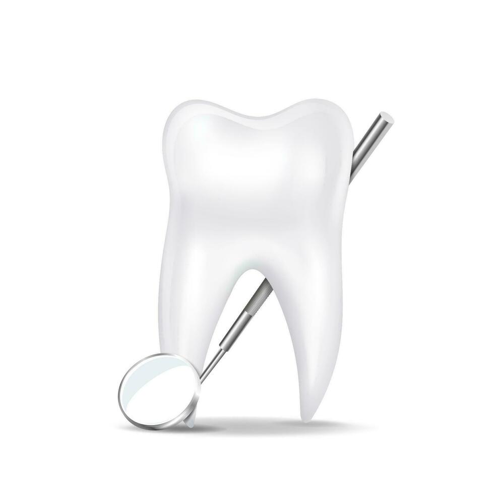 vector 3d realistisch tandheelkundig inspectie spiegel voor tanden met tand icoon detailopname geïsoleerd Aan wit achtergrond.