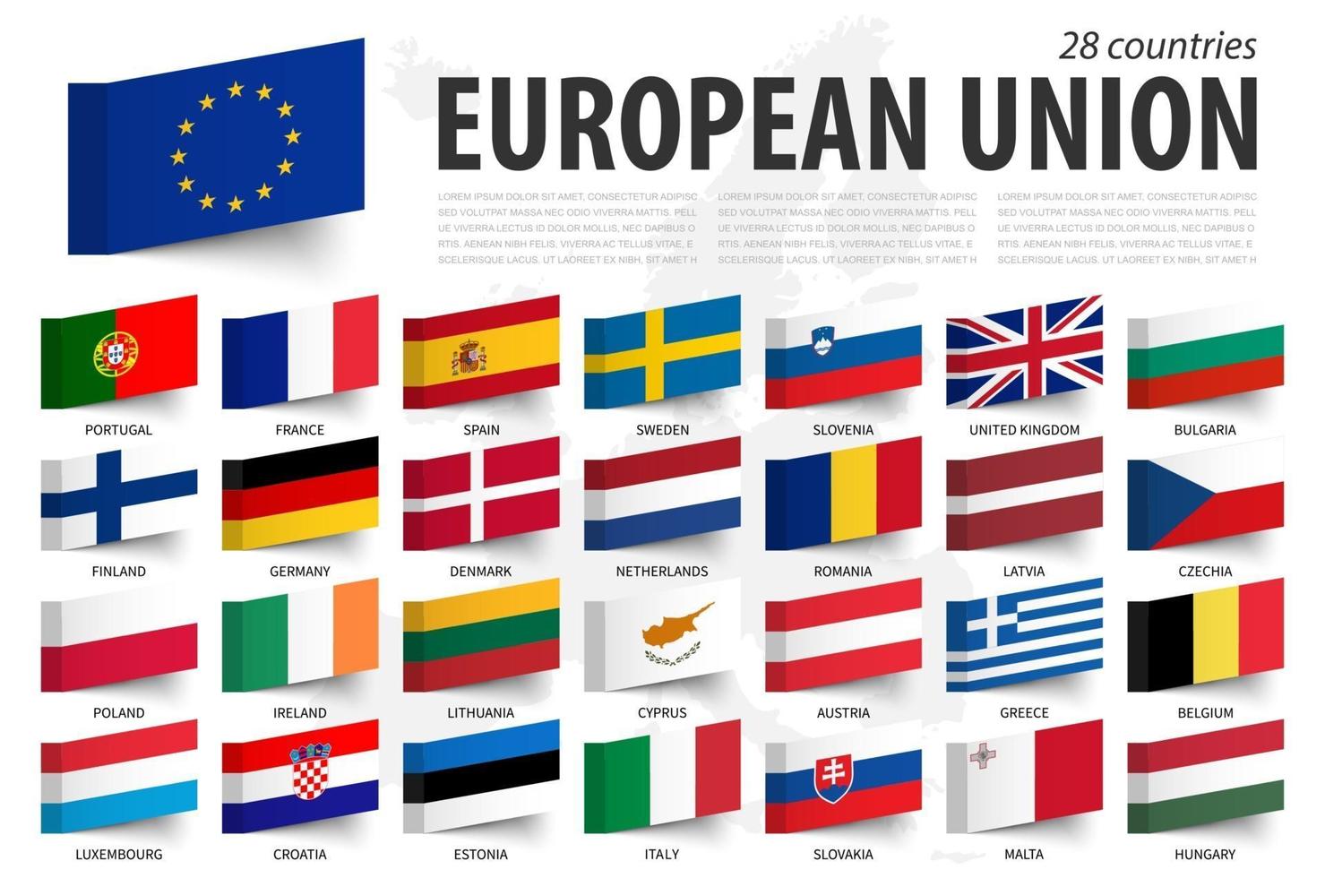 vlag en lid van de europese unie. plaknotitie ontwerp. europa kaart achtergrond. vector