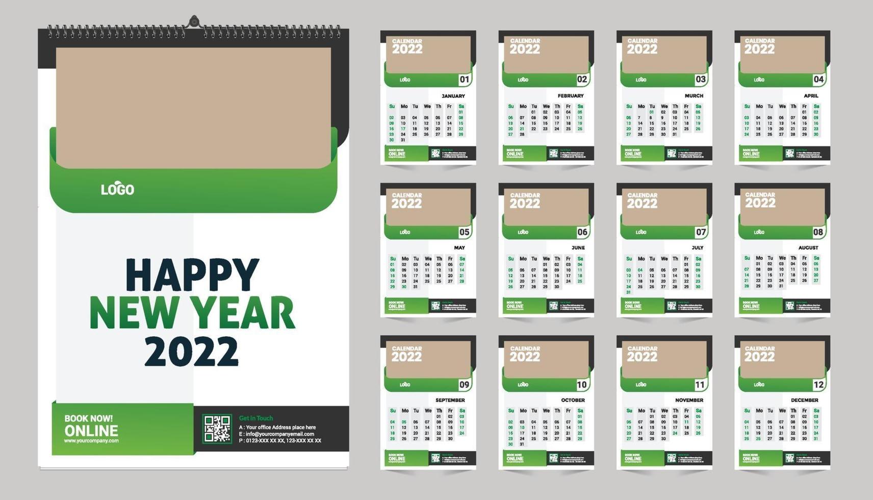 maandelijkse wandkalender sjabloonontwerp voor 2022 jaar. week begint op zondag. planner dagboek met plaats voor foto. vector