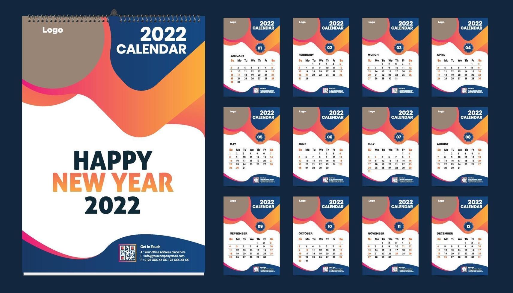maandelijkse wandkalender sjabloonontwerp voor 2022 jaar. week begint op zondag. planner dagboek met plaats voor foto. vector