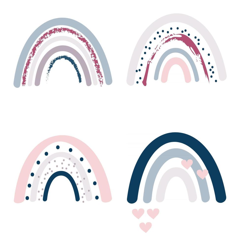 vector collectie van boho regenbogen in pastel roze, grijze en marineblauwe kleuren, geïsoleerde elementen op een witte achtergrond. kinderkamerkunstontwerp, voor het bedrukken van babykleding en textiel, woondecoratiekunst.