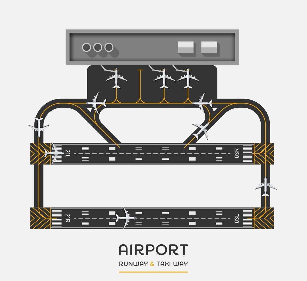 bovenaanzicht van de landingsbaan van de luchthaven en taxibaan met vliegtuig, vectorillustratie vector