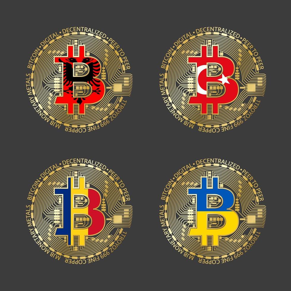 vier gouden bitcoin iconen met vlaggen van albanië, roemenië, turkije en oekraïne. symbool voor cryptocurrency-technologie. vector digitale geld pictogrammen geïsoleerd op een grijze achtergrond