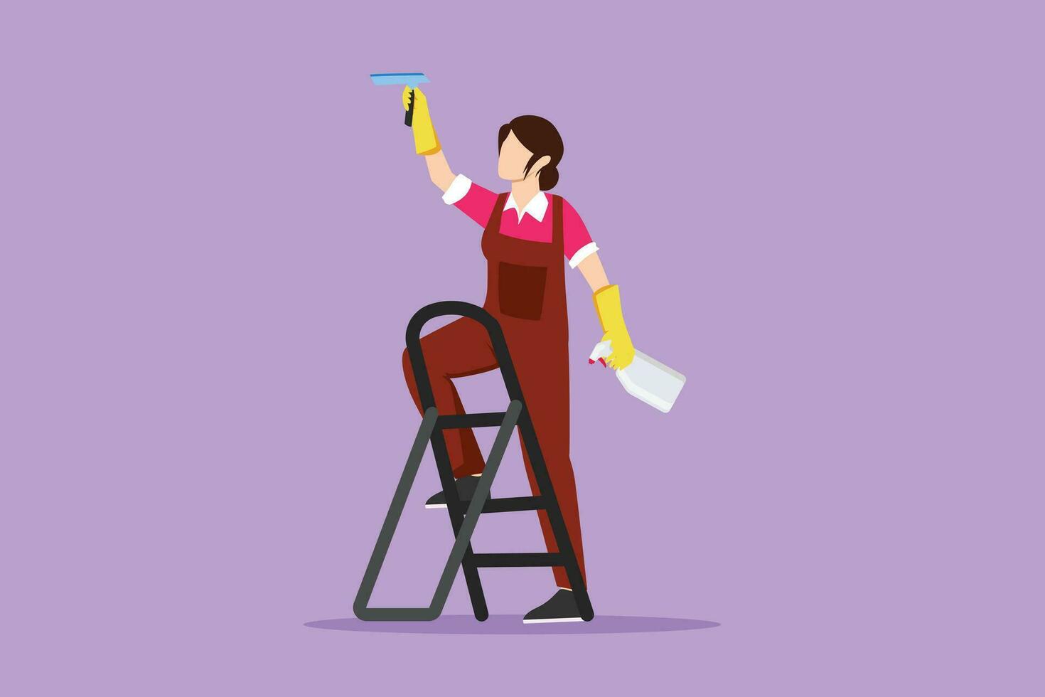 tekenfilm vlak stijl tekening mooi vrouw schoonmaakster staand Aan ladder, het wassen met wisser. schoonmaak onderhoud, schoonmaak hulpmiddelen, het wassen spons, huis schoonmaak, huiswerk. grafisch ontwerp vector illustratie