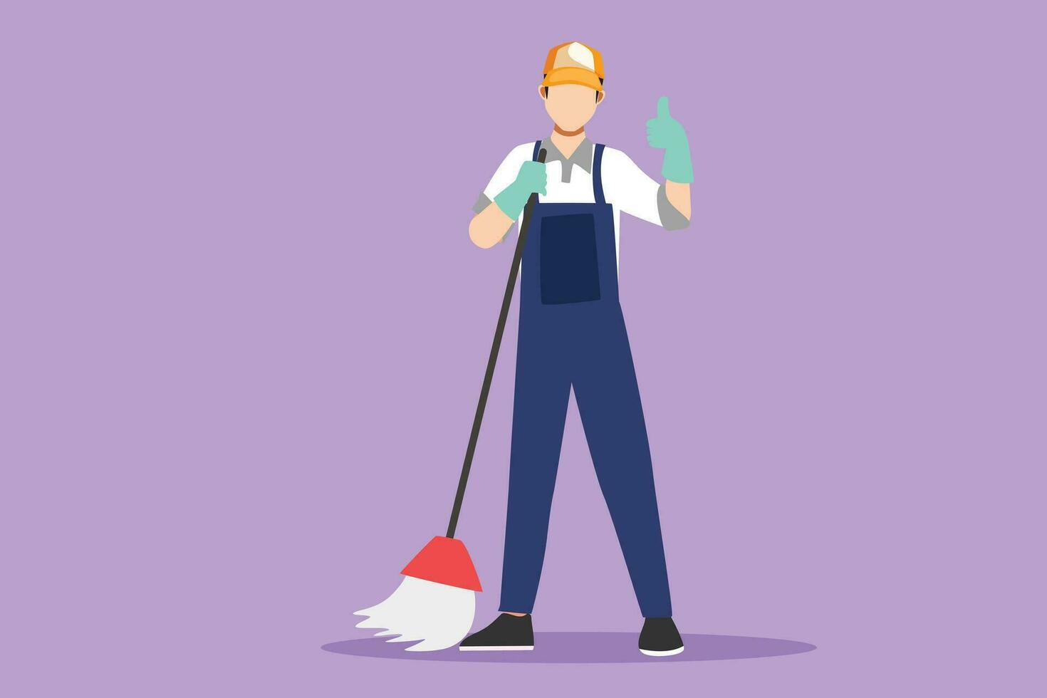 grafisch vlak ontwerp tekening verdieping zorg en schoonmaak Diensten met het wassen dweilen in steriel fabriek of schoon ziekenhuis. schoonmaak Mens onderhoud houding met duimen omhoog gebaar. tekenfilm stijl vector illustratie