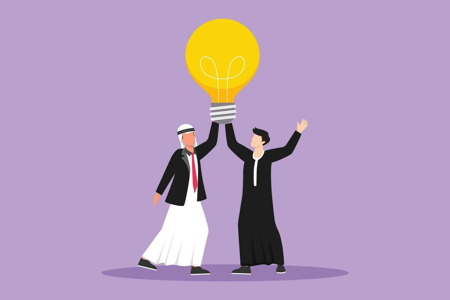 grafisch vlak ontwerp tekening doel prestatie, winnen, teamwerk, bedrijf. groep team Arabisch zakenman Holding licht lamp. geslaagd probleem oplossing idee schepping. tekenfilm stijl vector illustratie