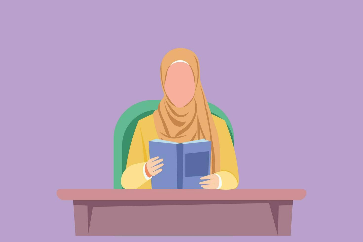 tekenfilm vlak stijl tekening mooi Arabisch meisje lezing boek, onderwijs. vrouw leerling zittend Bij bureau naar lezen literair werk, verhaal boeken, studie, leerboeken Aan tafel. grafisch ontwerp vector illustratie