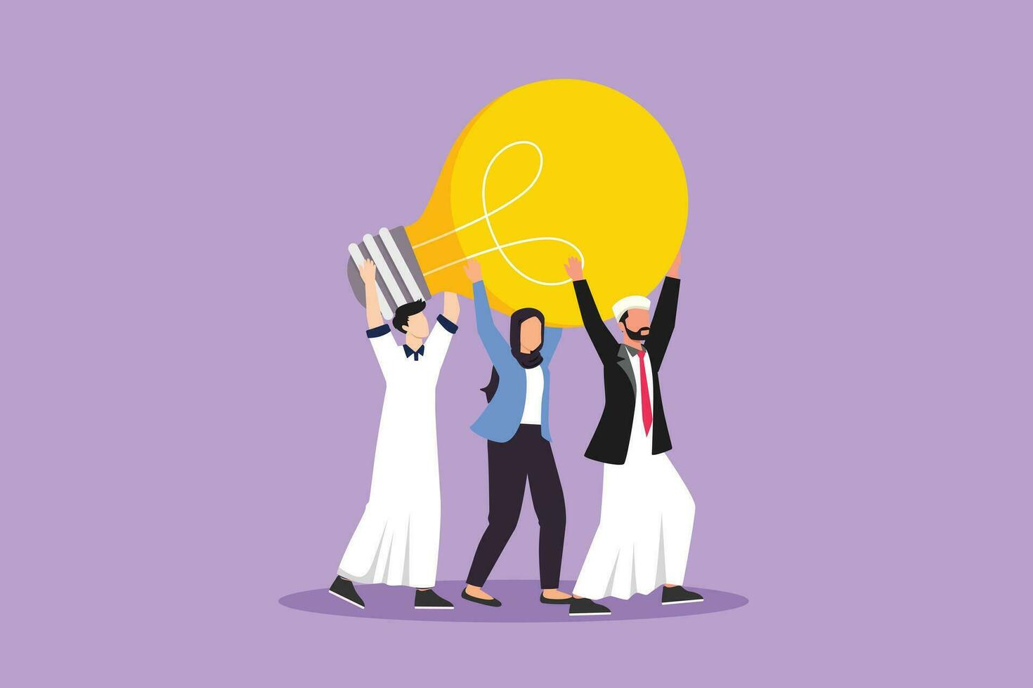 karakter vlak tekening van gewricht teamwerk, gebouw bedrijf team. Arabisch zakenman en mooi vrouw houden en optillen licht lamp. idee generatie, creatief zoeken. tekenfilm ontwerp vector illustratie